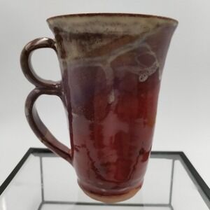 Studio Pottery 6" Tall Mug Red & Cream Glaze Heart SignedSplit Loop Handle